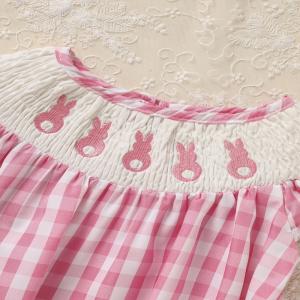 Baby Girl's Cute Bunny Romper Set, Cap Sleeve Bunny Embroidery Outfit With Headband - Pink Checkered Playsuit
