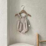 Unisex Striped Short-sleeve Rompers With Suspenders For Summer