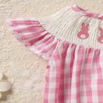 Baby Girl's Cute Bunny Romper Set, Cap Sleeve Bunny Embroidery Outfit With Headband - Pink Checkered Playsuit