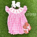 Baby Girl's Cute Bunny Romper Set, Cap Sleeve Bunny Embroidery Outfit With Headband - Pink Checkered Playsuit