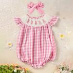 Baby Girl's Cute Bunny Romper Set, Cap Sleeve Bunny Embroidery Outfit With Headband - Pink Checkered Playsuit