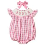 Baby Girl's Cute Bunny Romper Set, Cap Sleeve Bunny Embroidery Outfit With Headband - Pink Checkered Playsuit