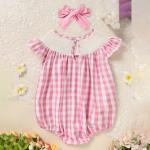 Baby Girl's Cute Bunny Romper Set, Cap Sleeve Bunny Embroidery Outfit With Headband - Pink Checkered Playsuit
