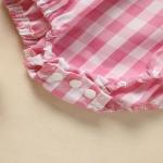 Baby Girl's Cute Bunny Romper Set, Cap Sleeve Bunny Embroidery Outfit With Headband - Pink Checkered Playsuit