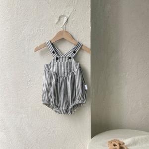 Unisex Striped Short-sleeve Rompers With Suspenders For Summer